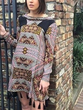 MINKPINK Pink Geometric Print Long-Sleeve Dress (AS IS)